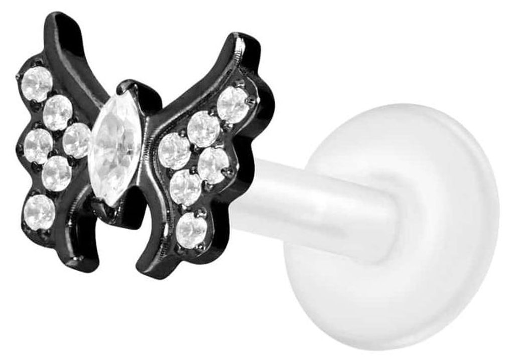 Ohrpiercing, Nasenpiercing PTFE Labret mit Innengewinde + Titan-Aufsatz KRISTALLSCHMETTERLING Schwarz Stablänge: 8mm | Stabstärke: 1,2mm
