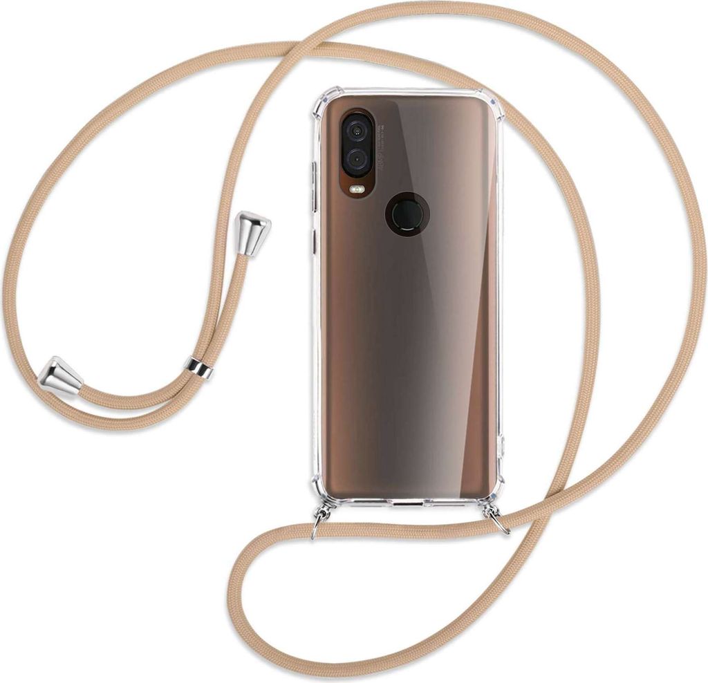 Handykette Backcover-Schutzhülle mit Band (Metall silberfarben) für Motorola One Vision - beige