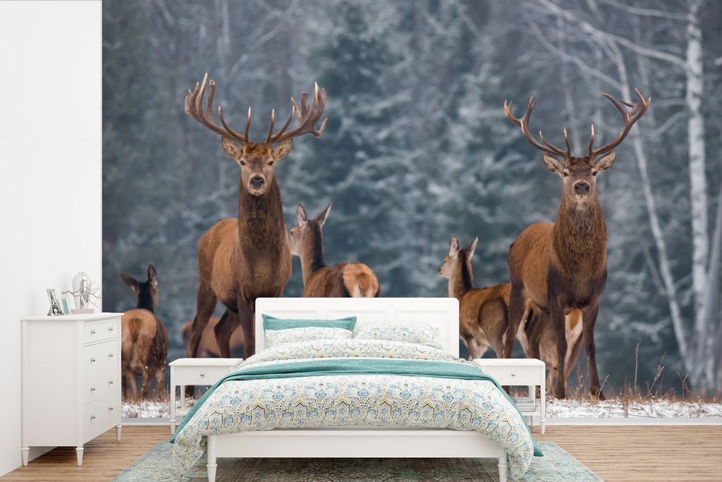 MuchoWow Fototapete für Wohnzimmer oder Schlafzimmer Wandtapete Vinyl Motivtapete Hirsche - Winter - Schnee - Waldtiere - Wald - Natur - 420x280...