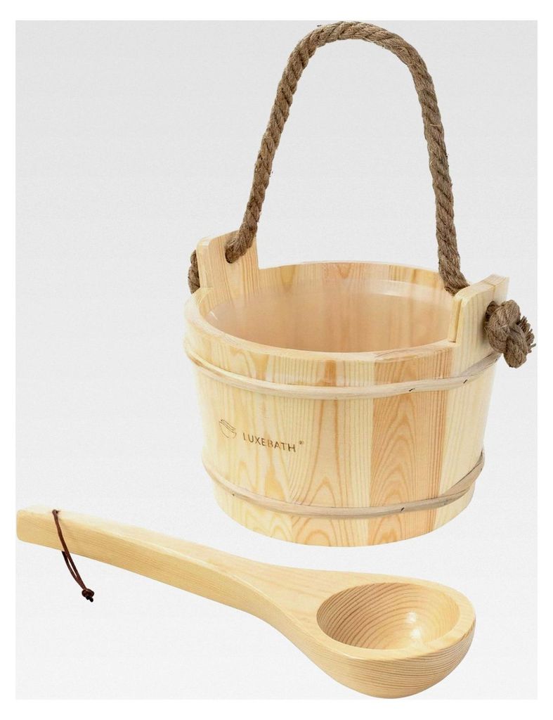 Saunazubehör-Set aus Kiefernholz, 2-teilig, Aufgusskübel mit Kunststoffeinsatz & Schöpfkelle, Saunaeimer 4L mit Seilgriff