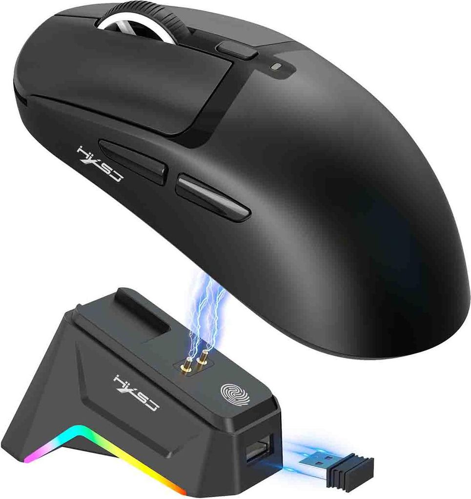 Leichte Gaming-Maus mit 3 Modi und Ladestation Hochpräzisionssensor Programmierbar Schwarz