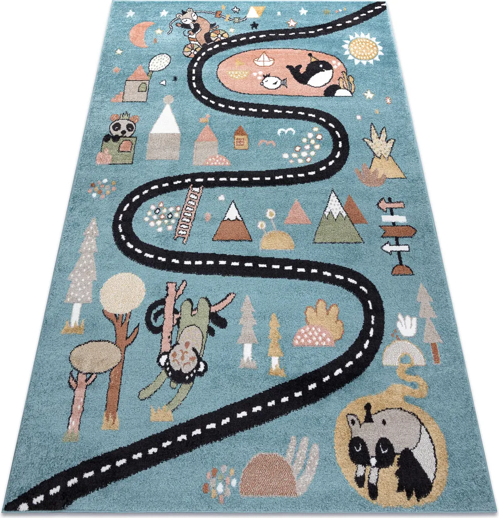 Tapis enfant bleu FUN Route animaux, grand format 240x330 cm doux