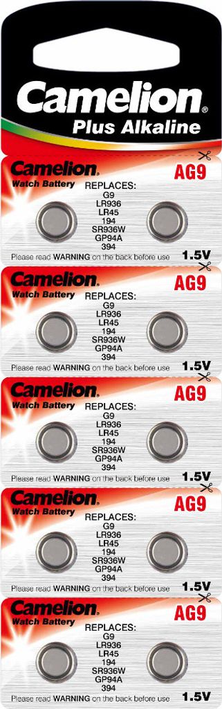 A retail package of Camelion AG9 alkaline button cell batteries.