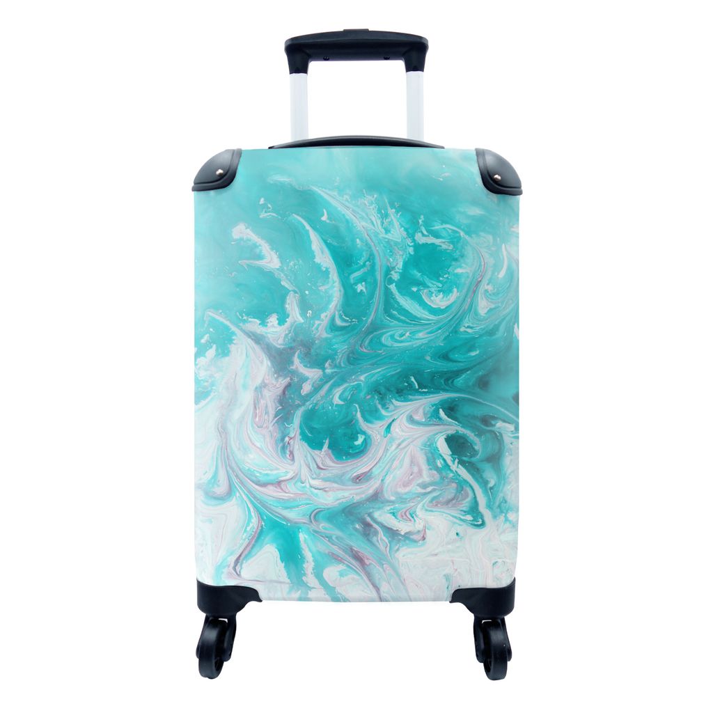 MuchoWow Koffer Handgepäck Trolley Rollkoffer Kleine Reisekoffer mit 4 Rollen - Aquarell - Ölfarbe - Türkis - Weiß - Cabin Size < 55x40x23 cm...
