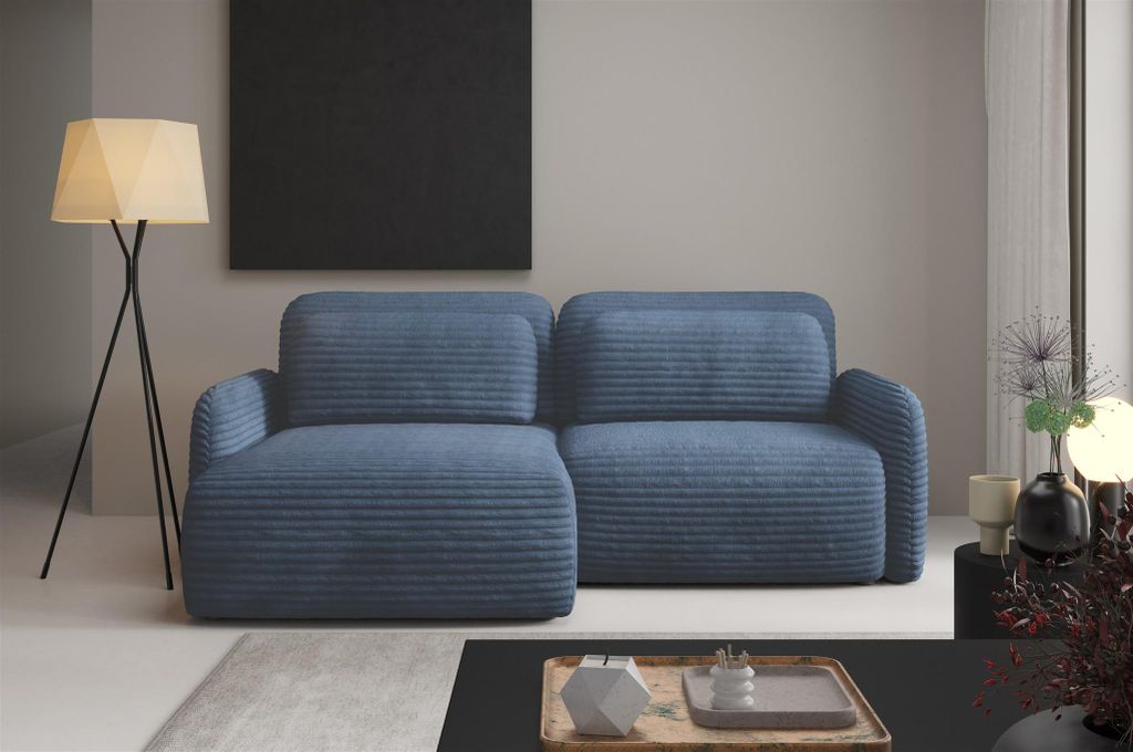 Ecksofa Schlafsofa Sofa SIMONE in Stoff Ambience Blau Ottomane Links