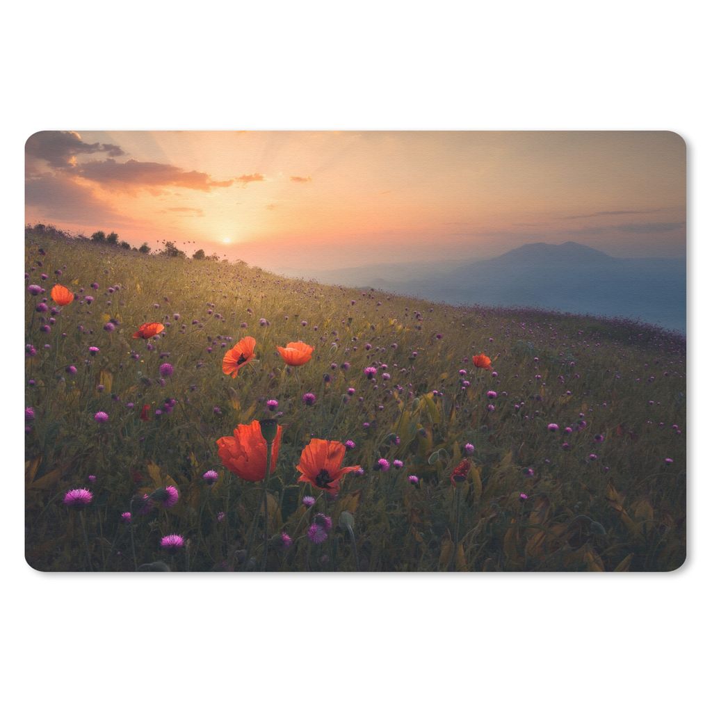 MuchoWow Mauspad Mousepad Blumenfeld - Gras - Blumen - Pflanzen - Sonnenuntergang - Orange 27x18 cm - Mousepads - Maus Mat - Pad - Mausunterlage ...