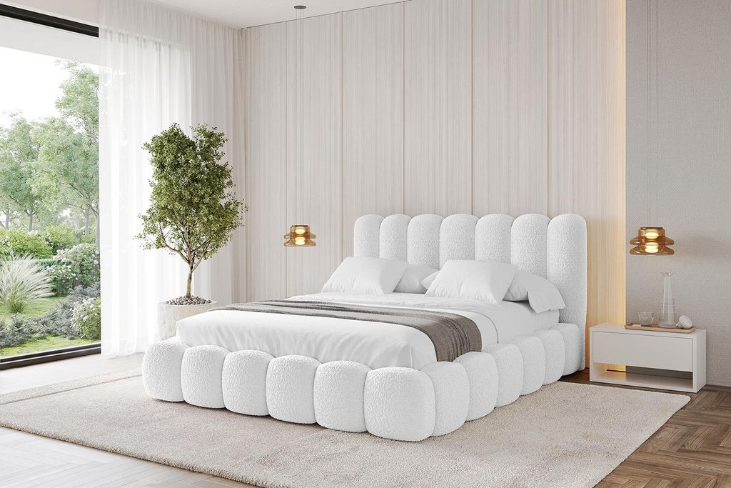 ALTDECOR Polsterbett mit Bettkasten und Lattenrost, Bett mit Matratze H3/H4, Kopfteil, Boxbett, Doppelbett mit Stauraum - SENA 200x200 Weiß