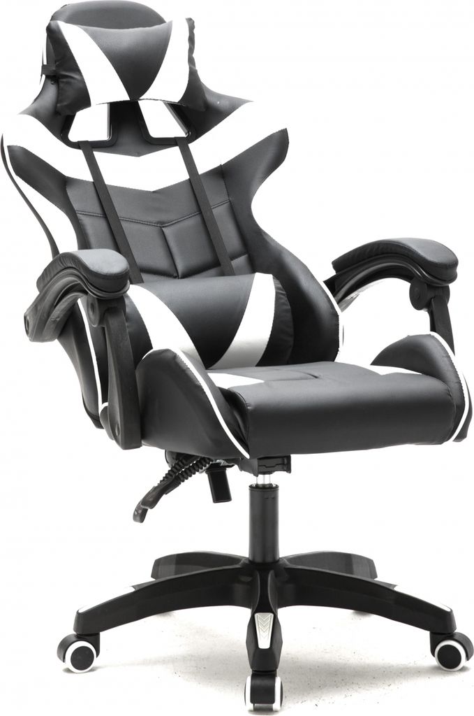 A black and white gaming chair is shown against a white background.