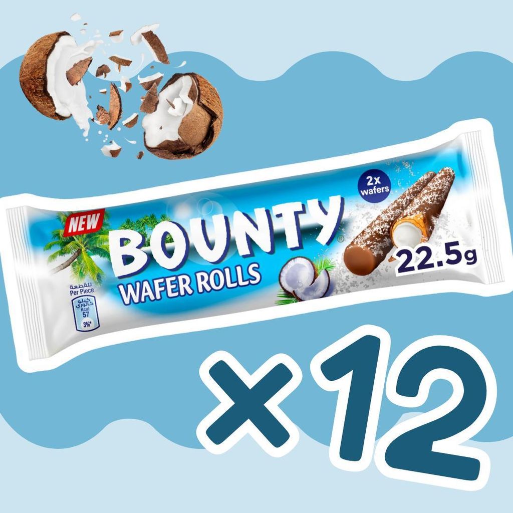 A package of Bounty Wafer Rolls with coconuts and palm trees depicted.