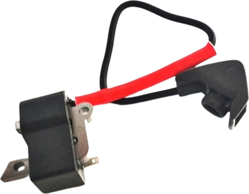 A close-up shot of a black ignition coil with red and black wires against a white background.