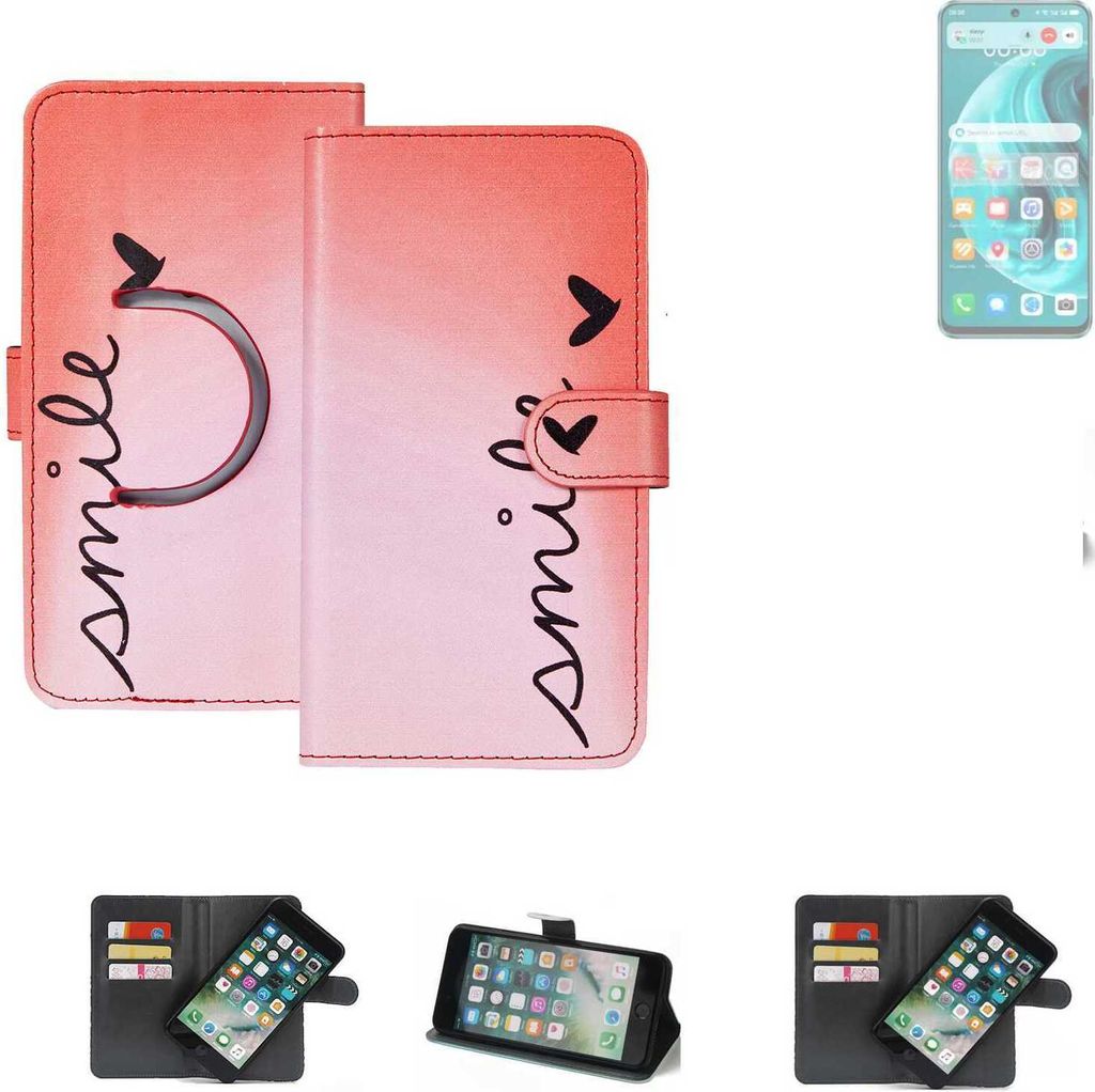 K-S-Trade Schutzhülle Handyhülle kompatibel mit Huawei Nova 12i Hülle cover bookstyle Etui ''smile'' rot Standfunktion Kameraschutz (1Stk)
