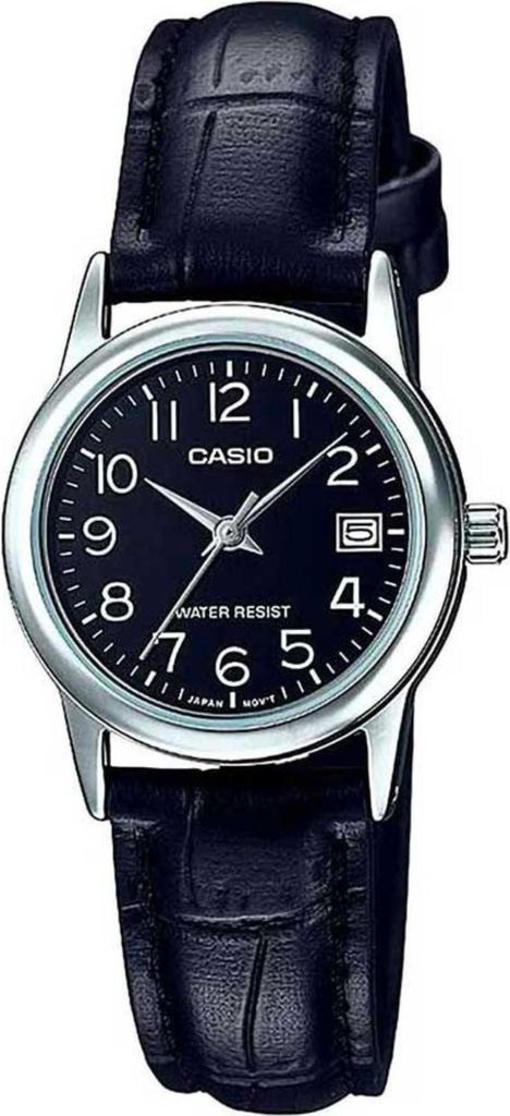 Casio #LTP-V002L-1B Women's Standard Analog Leather Band Black Dial Date Watch