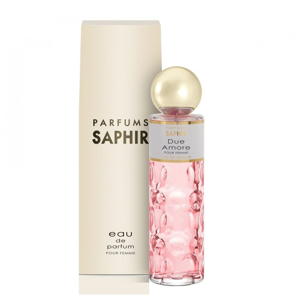 A bottle of Saphir Due Amore Eau de Parfum for women and its packaging stand side-by-side against a white background.