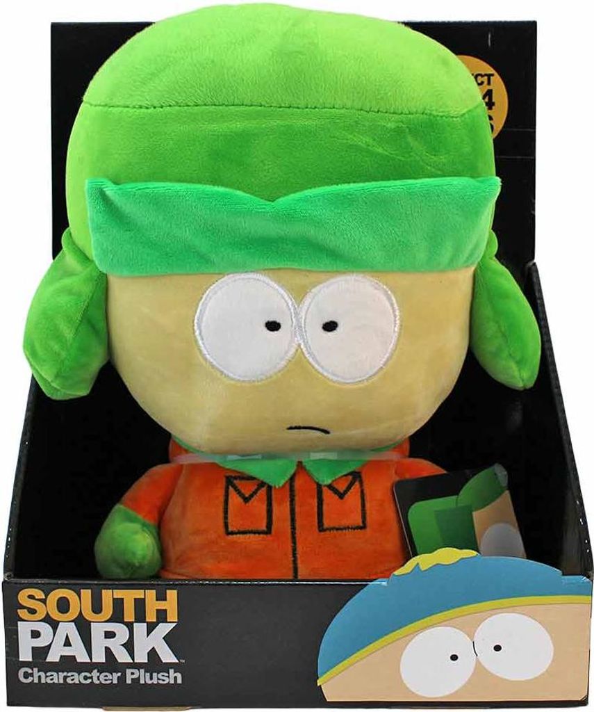 A plush toy of Kyle Broflovski from South Park, displayed in its retail packaging.