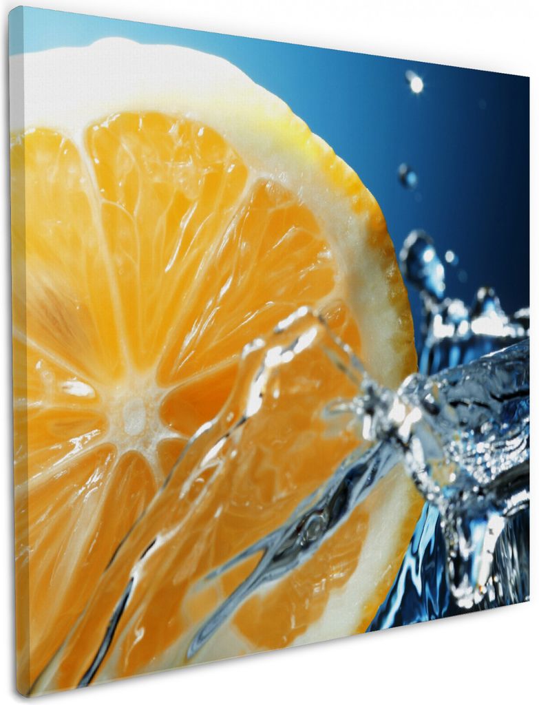 Wallario Premium Leinwandbild Orange in spritzigem Wasser Produktbild 