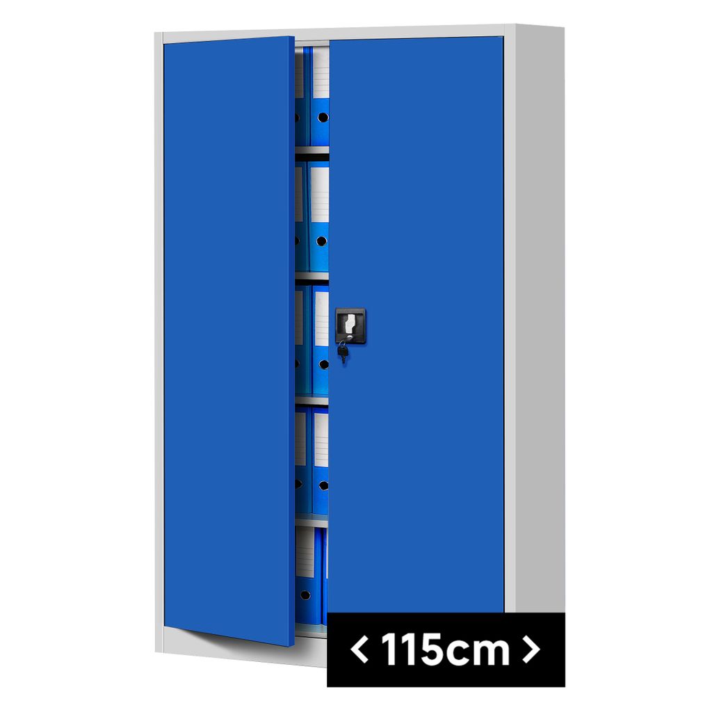 A blue metal filing cabinet with open doors, showing multiple shelves filled with binders.