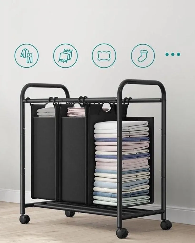 Collecteur à linge robuste 3 sacs de 44 litres en tissu noir mobile