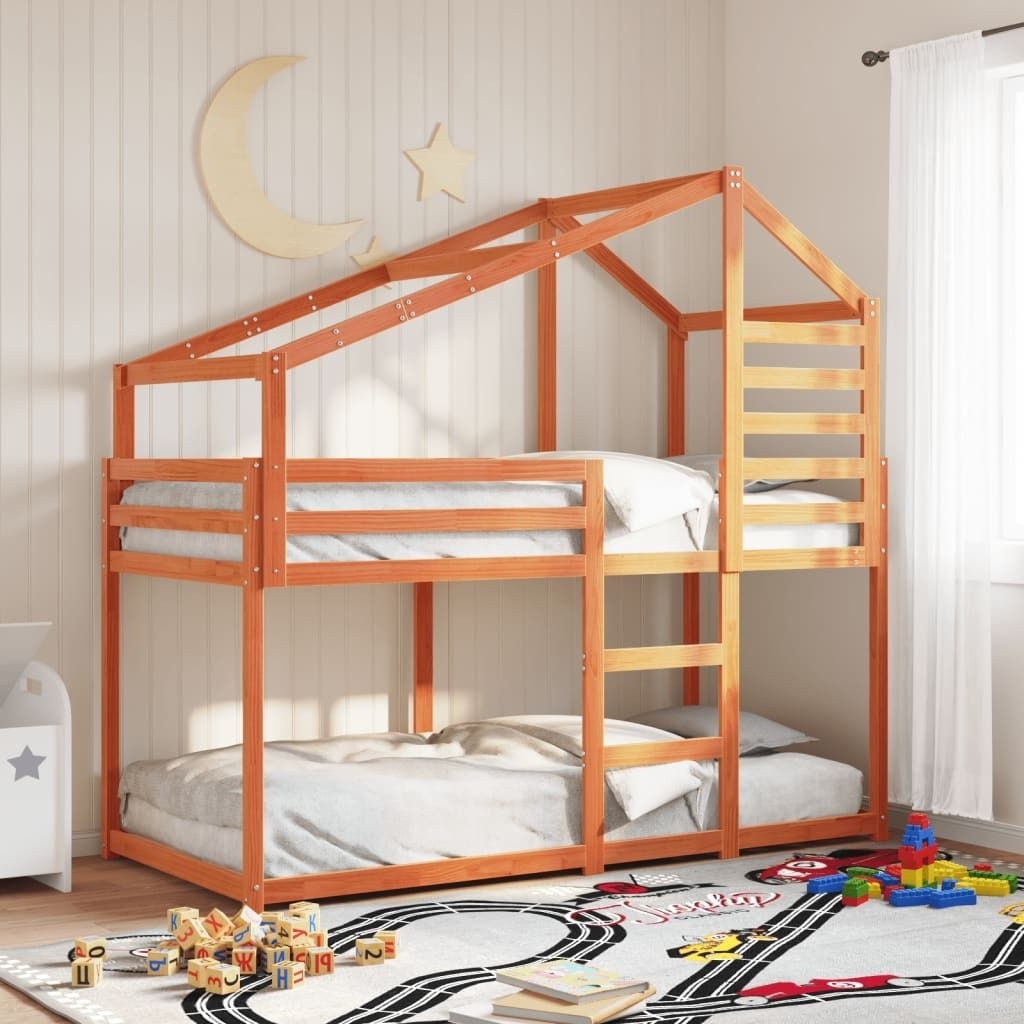 Möbel Etagenbett mit Dach Wachsbraun 90x200 cm Massivholz Kiefer - Klassische Betten 3281963