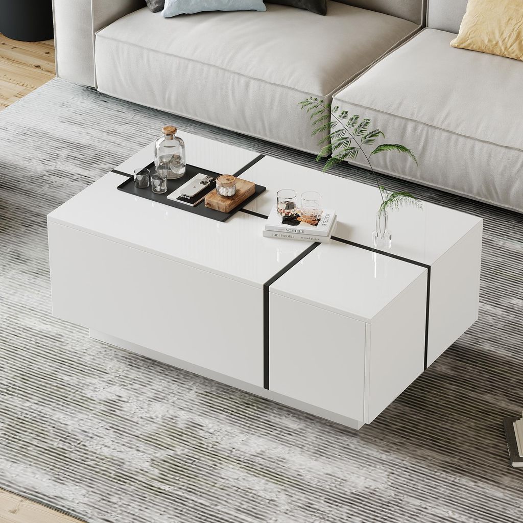 Table basse relevable carré avec rangement, table de salon noire-blanche, 70x60x17 cm
