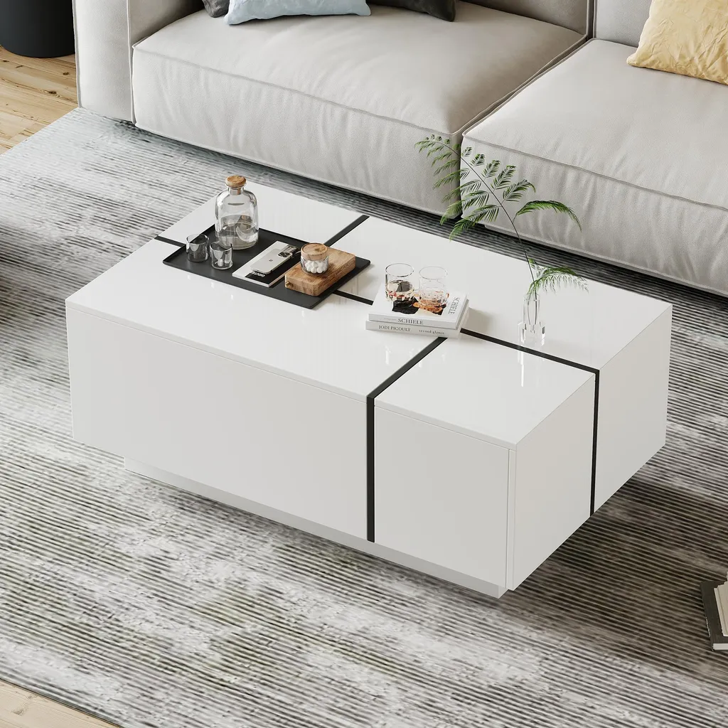 Table basse design patchwork blanc laqué avec 4 tiroirs de rangement chic - 2