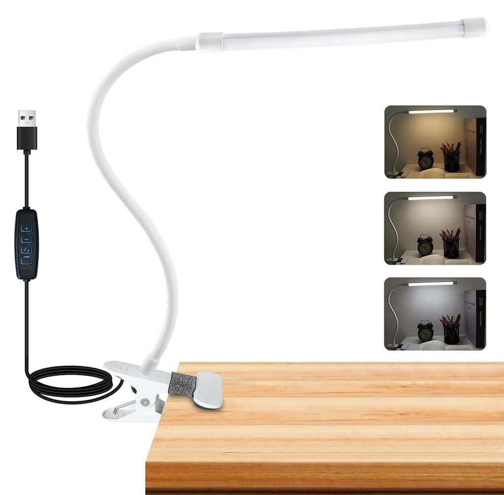 Tragbares Nachtlicht mit Clip, Schreibtischlampe, USB-Klemmlampe mit Kabel, Leselampe, Bettklemme, 3 Farbwechsel & 10 Helligkeiten, Flexibel, Weiß