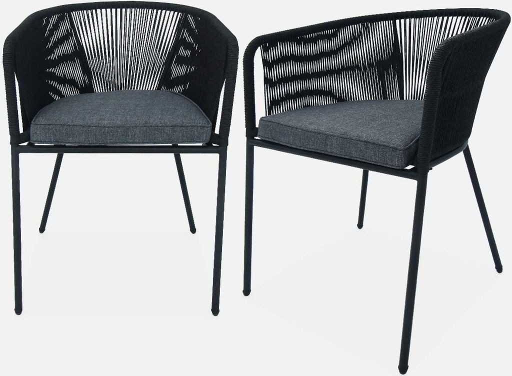 Two black garden chairs with gray cushions are shown against a white background.