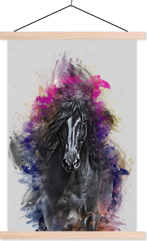 MuchoWow Textilposter Pferd - Schwarz - Farben 40x60 cm mit holzfarbenen Rahmen - Poster