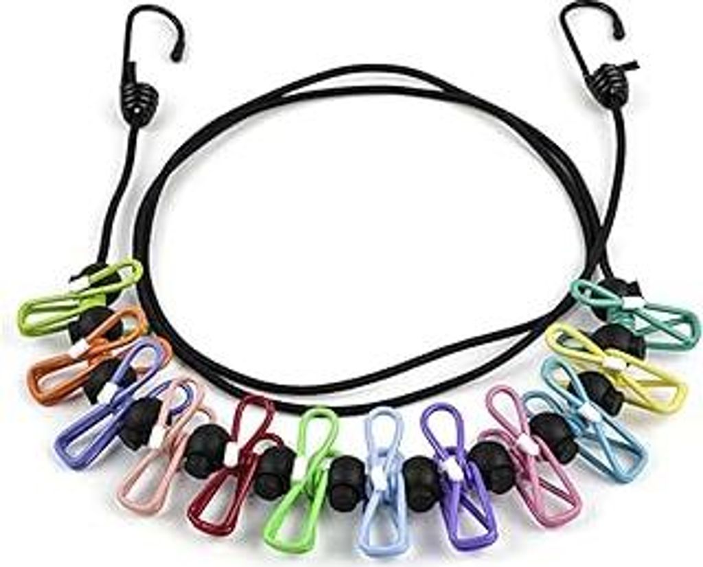 Wäscheleine Camping,Tragbare Wäscheleine mit 12 bunten Klammern Elastische Camping Wäscheleines für Outdoor Reise Balkon & Studentenwohnheim W...