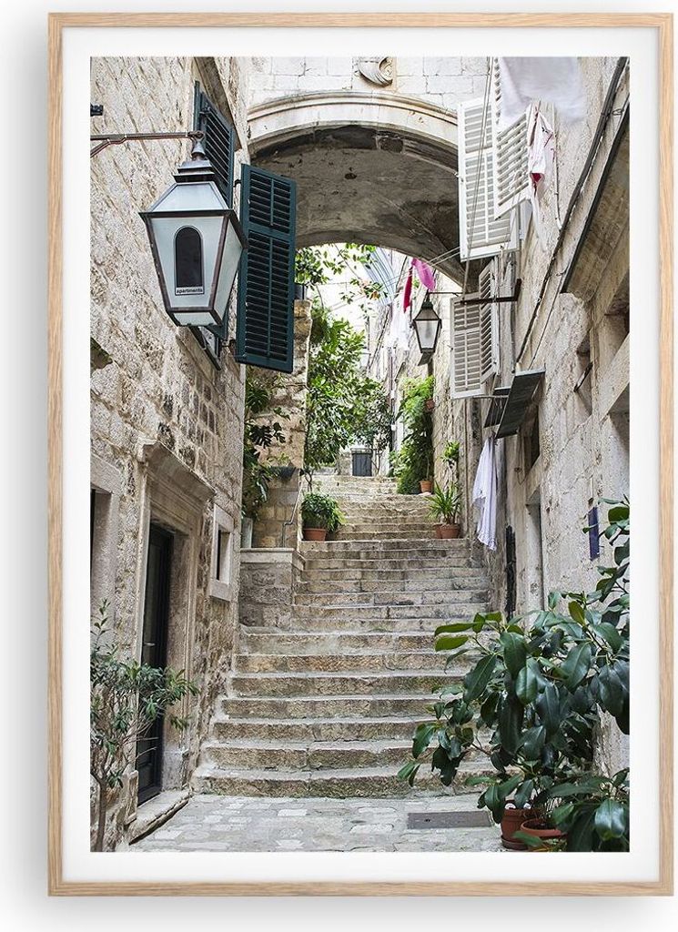 Gerahmtes Poster - Rahmen in heller Eiche - Kroatien Treppe Dubrovnik - 70x100 cm - Wand Bild - Wanddeko - Wandbilder - Kunstposter - Wandposter - ...