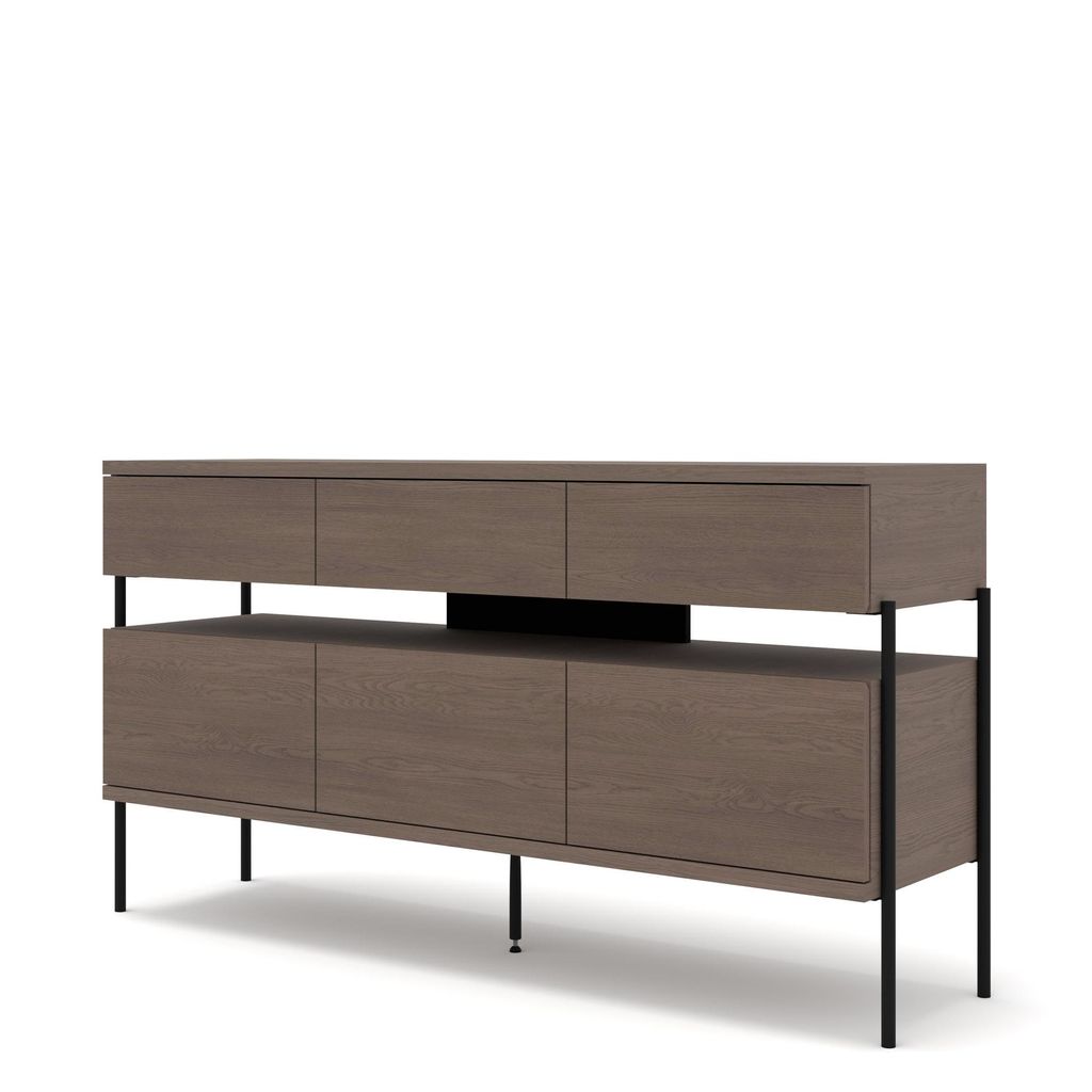 Kommode PUFFIN 154 cm 3D3S KÜHLES BRAUN lackiertes Furnier schwarze Metallfüße Schubladen Montiert