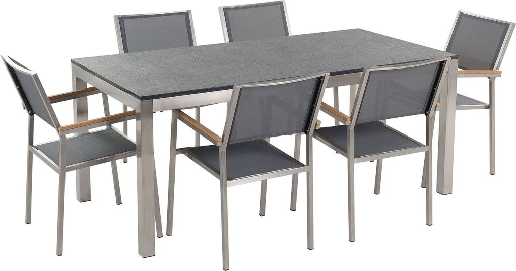 BELIANI Gartenmöbel Set Schwarz Granit Edelstahl Tisch 180 cm Geflammt 6 Stühle Terrasse Outdoor Modern
