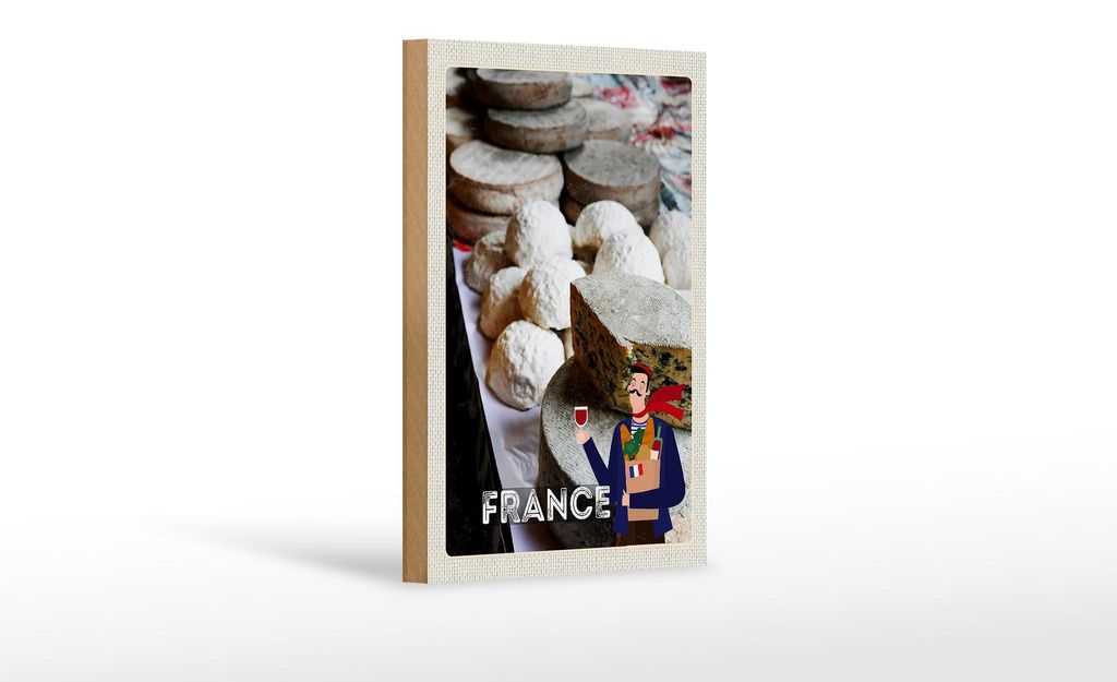 Holzschild Reise 12x18 cm Frankreich Schimmelkäse Wein Essen