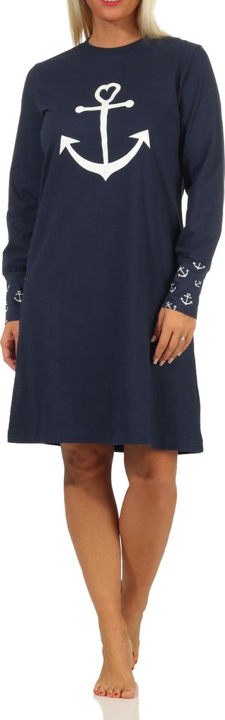 Damen Nachthemd mit Bündchen in maritimer Optik mit Anker als Motiv - auch in Übergrössen ; rot , 48