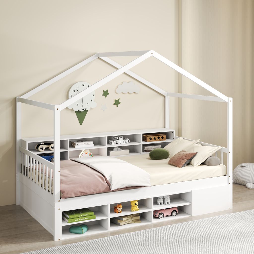 Kinderbett 90x200cm mit Barriere & 14 Aufbewahrungswürfel, Bodenbett aus Holz, Montessori-Bett bis 200 kg belastbar