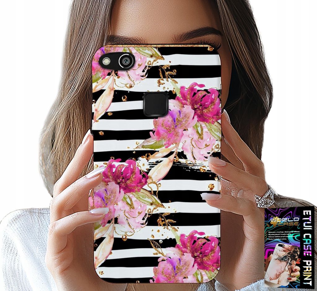 Hülle Für Huawei P10 Lite - Floral Mit Schwarz-Weissem Streifenmuster