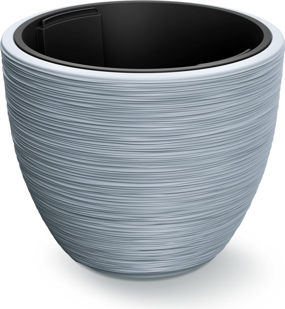 A gray textured planter with a black inner pot, shown against a white background.