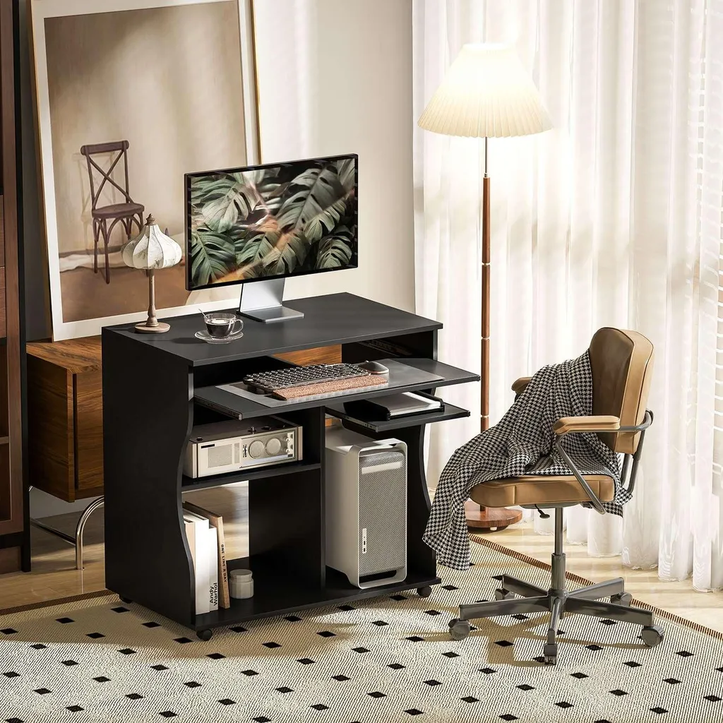 Table PC pour Télétravail Mobile avec Support Clavier et Roulettes 80cm