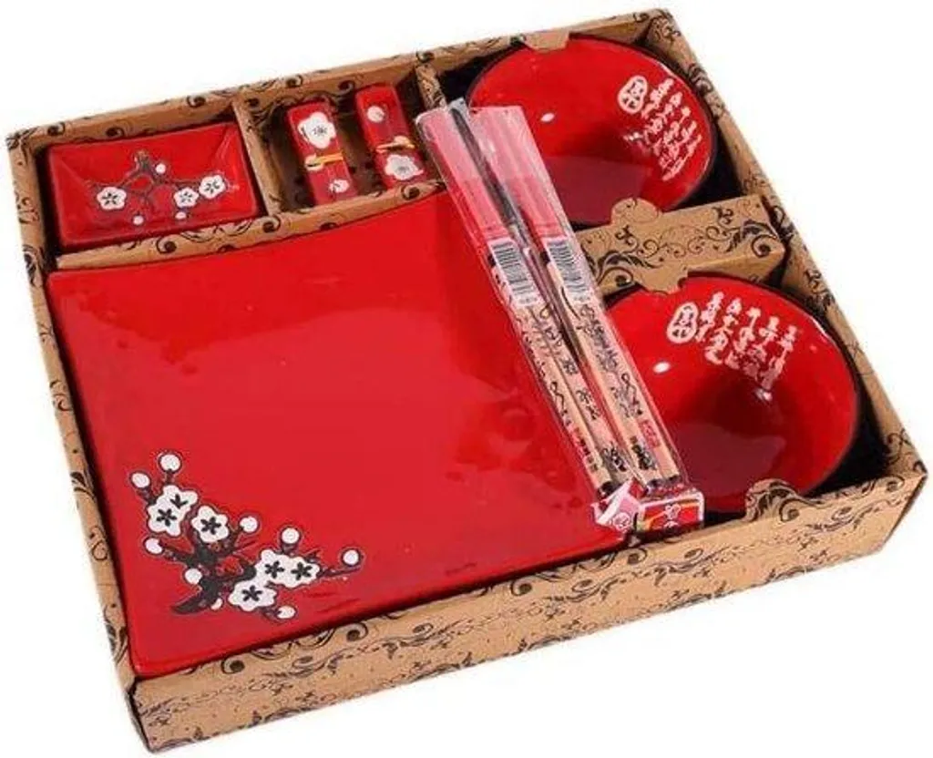 Service complet japonais rouge robuste, vaisselle anti-rayure durable