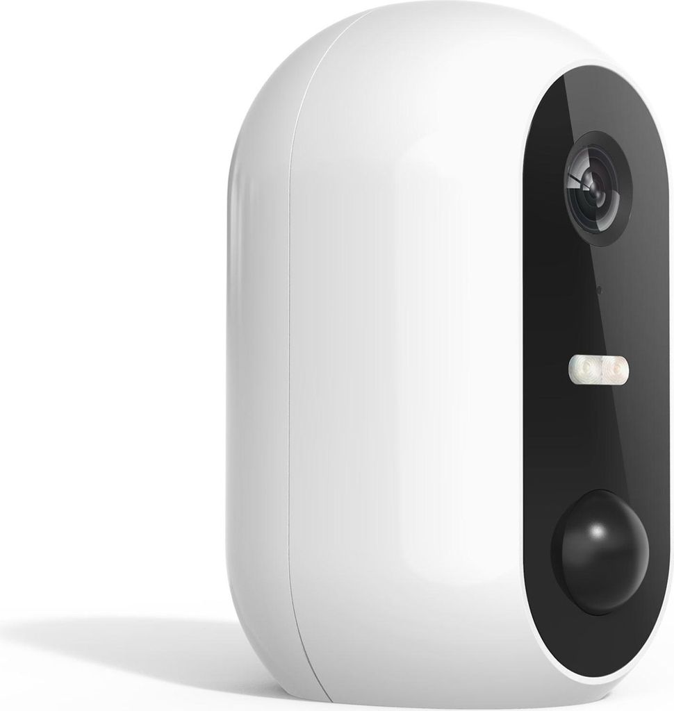 A white and black smart outdoor camera is shown against a white background.