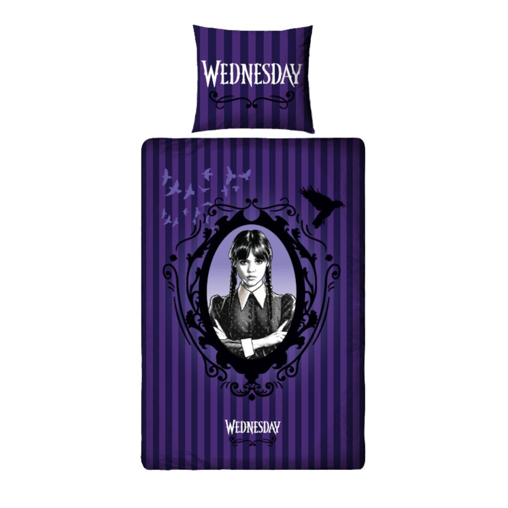 A pillowcase and duvet cover set featuring Wednesday Addams.