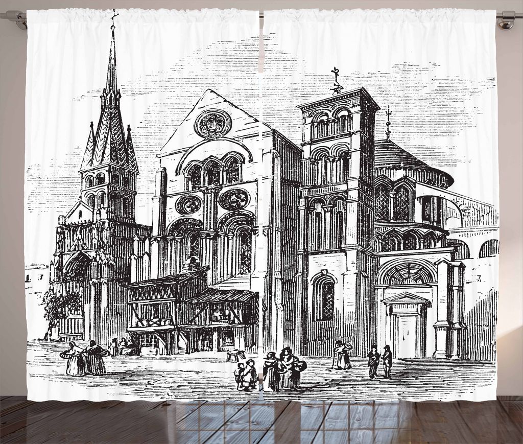 ABAKUHAUS Notre Dame Rustikaler Gardine, Notre-Dame-de-Vaux Art, Schlafzimmer Kräuselband Vorhang mit Schlaufen und Haken, 280 x 175 cm, Schwarz u...