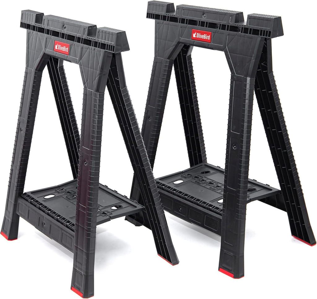 Set von 2 x Werkböcken, Klappböcken, Unterstellböcken, Sägeböcken mit Ablage für Werkzeuge und kleine Teile, mit rutschfesten Füßen, Tragkr...