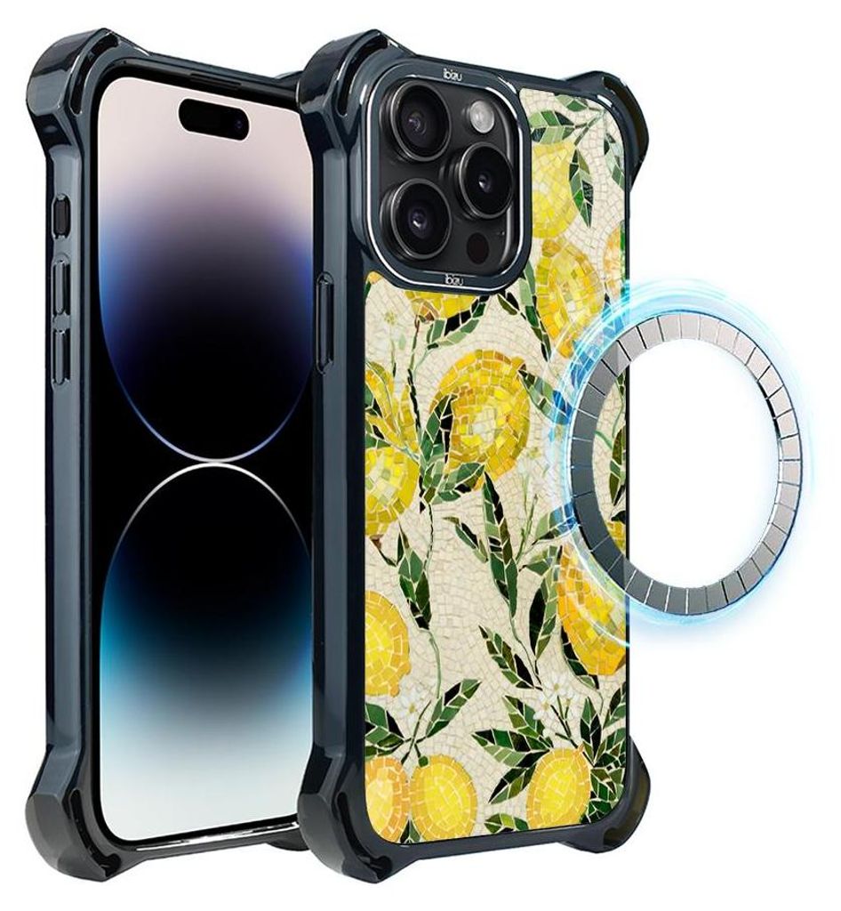 Schutzhülle für das iPhone 14 Pro Max, MagSafe-kompatibel, verstärkte Ecken, schwarz, Obst, Zitronen, Mosaik