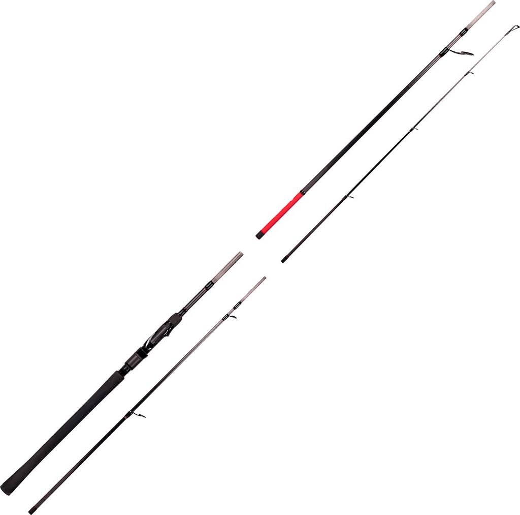 Two fishing rods are shown, one assembled and one disassembled into two parts.