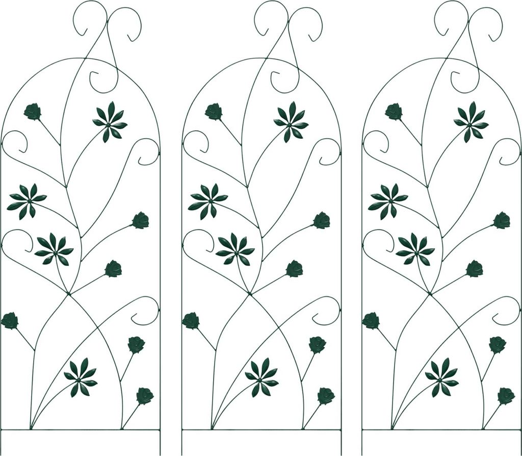 Three identical green garden trellises with floral and vine motifs, set against a white background.