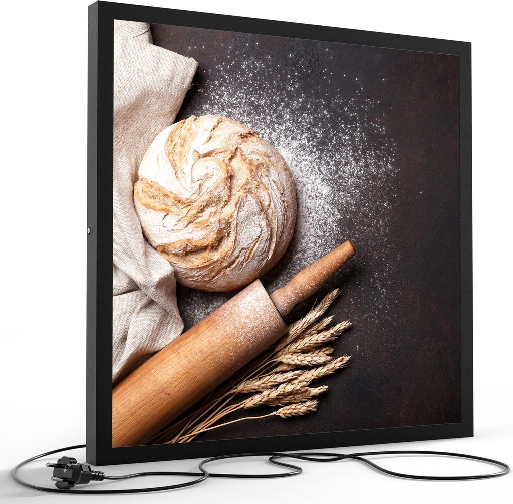 DEQORI LED-Bild & Lampe 60x60 cm Schwarz 'Brot mit Nudelholz' Leuchtbild LED Leuchte