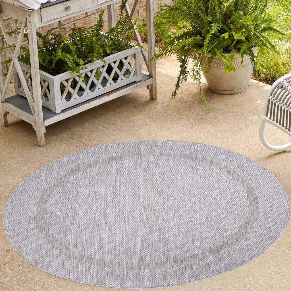 Homebyhome In- & Outdoor Teppich - Wetterfestes Flachgewebe in Sisal-Optik mit Bordüre, Küchenteppich, Terrasse, Wohnzimmer Grösse: 160 cm Rund