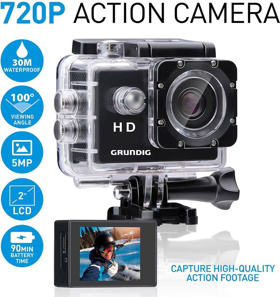 Grundig Action Cam 720P Wasserdichte Action Kamera - Unterwasserkamera - Bildschirm & Kamera Zubehör - Schwarz