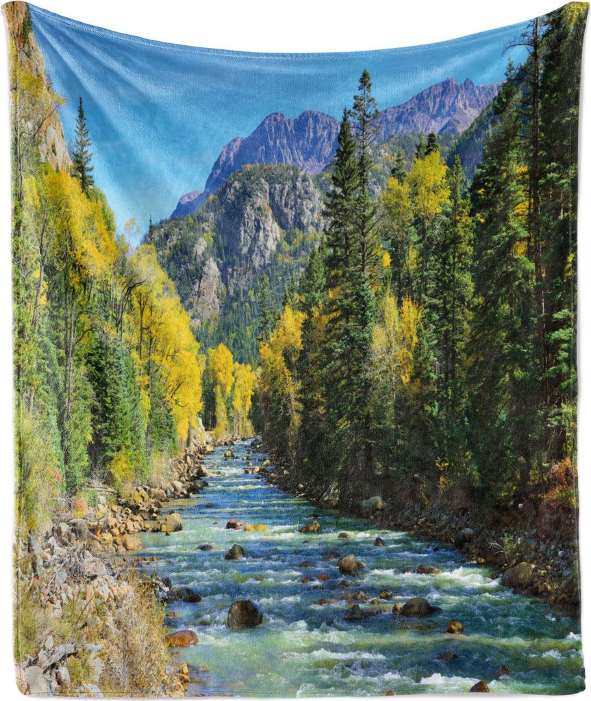 ABAKUHAUS Berge Weich Flanell Fleece Decke, Fluss und bunte Bäume, Gemütlicher Plüsch für den Innen- und Außenbereich, 125 x 175 cm, Mehrfarbig