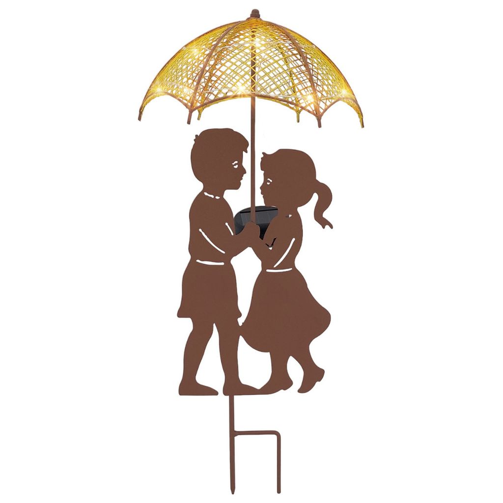 A silhouette of two children sharing an umbrella with LED lights.